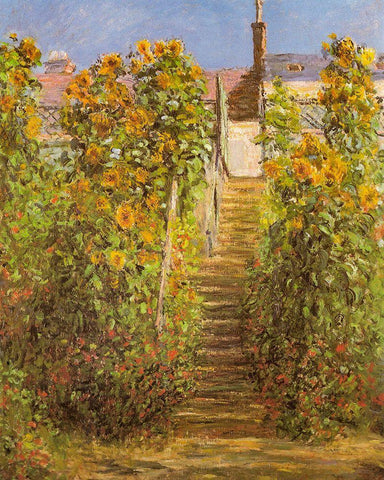 The Steps at Vetheuil 1881 White Modern Wood Framed Art Print with Double Matting by Monet, Claude