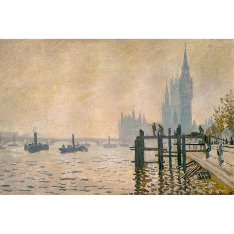 The Thames below Westminster 1871 White Modern Wood Framed Art Print by Monet, Claude