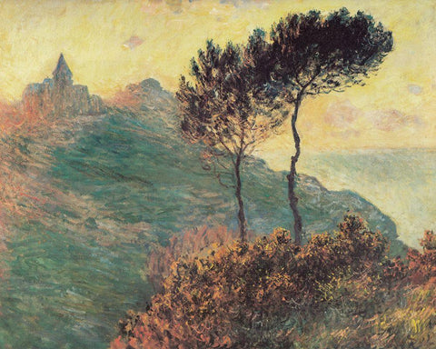 Varengeville Church with trees 1882 White Modern Wood Framed Art Print with Double Matting by Monet, Claude