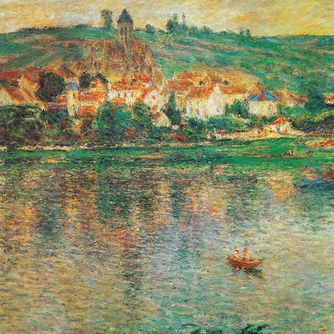 Vetheuil with Boat 1901 White Modern Wood Framed Art Print with Double Matting by Monet, Claude