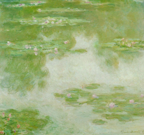 Water-lilies green 1907 White Modern Wood Framed Art Print with Double Matting by Monet, Claude