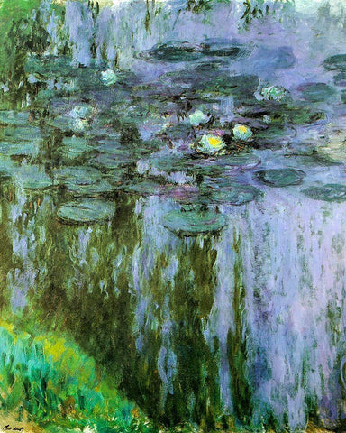 Water-lilies purple-green 1909 White Modern Wood Framed Art Print with Double Matting by Monet, Claude