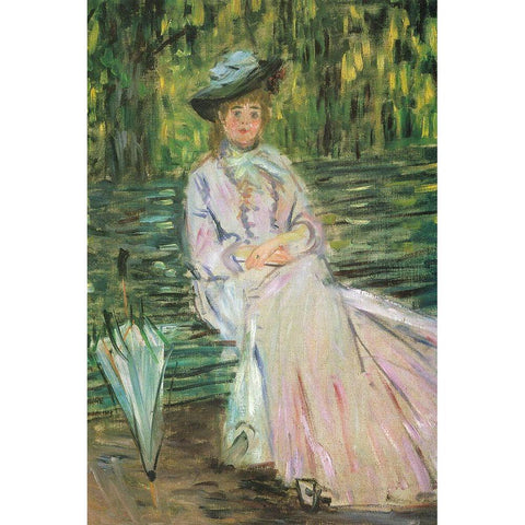 Woman on a Bench 1874 Black Modern Wood Framed Art Print with Double Matting by Monet, Claude