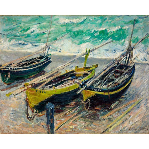 Three Fishing Boats 1886 White Modern Wood Framed Art Print by Monet, Claude