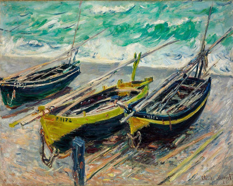 Three Fishing Boats 1886 White Modern Wood Framed Art Print with Double Matting by Monet, Claude