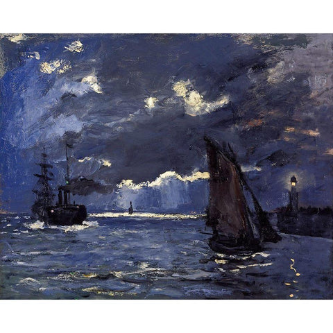 A Seascape-Shipping by Moonlight 1864 Black Modern Wood Framed Art Print with Double Matting by Monet, Claude