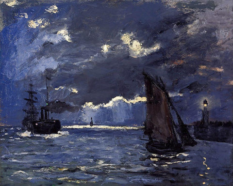 A Seascape-Shipping by Moonlight 1864 Black Ornate Wood Framed Art Print with Double Matting by Monet, Claude