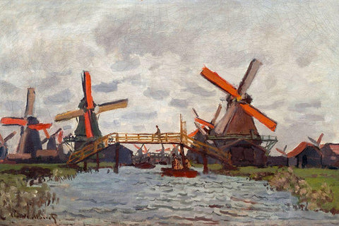 Mills at Westzijderveld near Zaandam 1871 White Modern Wood Framed Art Print with Double Matting by Monet, Claude