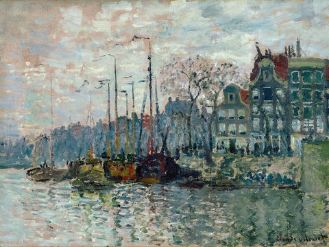 View of the Prins Hendrikkade and the Kromme Waal in Amsterdam 1874 Black Ornate Wood Framed Art Print with Double Matting by Monet, Claude