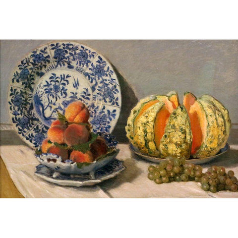 Still Life with Melon White Modern Wood Framed Art Print by Monet, Claude