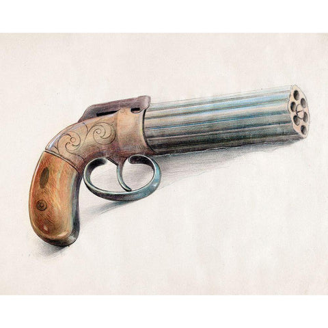 Revolving Pistol 1936 Gold Ornate Wood Framed Art Print with Double Matting by Schwabe, Erwin