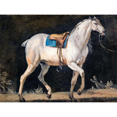 Saddled Gray Horse Gold Ornate Wood Framed Art Print with Double Matting by Agasse, Jacques-Laurent