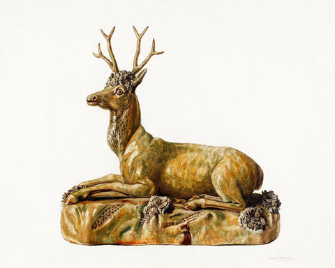 Stag Statuette 1935 White Modern Wood Framed Art Print with Double Matting by Caseau Charles