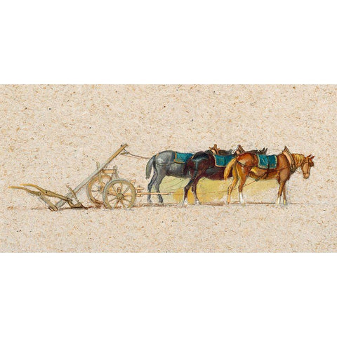 Study of Three Horses with a Plow Gold Ornate Wood Framed Art Print with Double Matting by Colman, Samuel