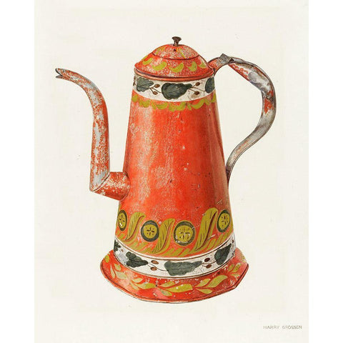 Toleware Tin Coffee Pot 1938 Gold Ornate Wood Framed Art Print with Double Matting by Grossen, Harry