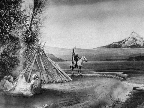 Indian Encampment along Columbia River Black Ornate Wood Framed Art Print with Double Matting by Vintage Photography