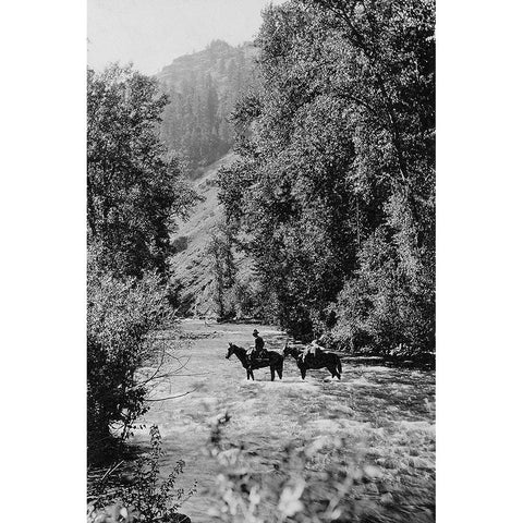 Ranger Crossing the Wenaha River Black Modern Wood Framed Art Print with Double Matting by Vintage Photography