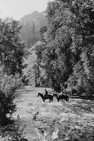 Ranger Crossing the Wenaha River Black Ornate Wood Framed Art Print with Double Matting by Vintage Photography