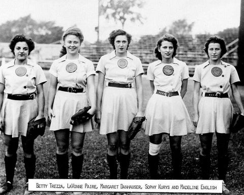 All American Girls Baseball League 1945 Black Ornate Wood Framed Art Print with Double Matting by Vintage Photography