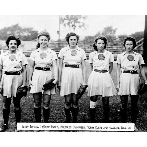 All American Girls Baseball League 1945 White Modern Wood Framed Art Print by Vintage Photography