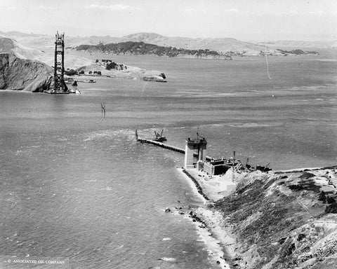 Construction of the Golden gate Bridge 1934 Black Ornate Wood Framed Art Print with Double Matting by Vintage Photography