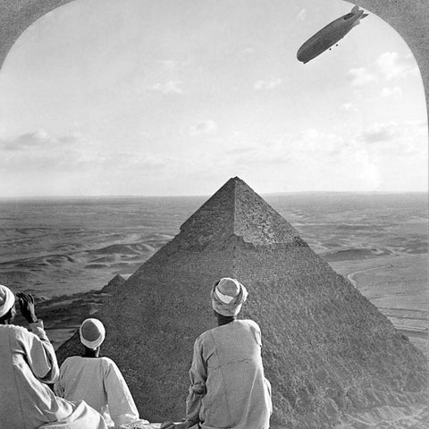 Graf Zeppelin over the Great Pyramid 1931 White Modern Wood Framed Art Print by Vintage Photography