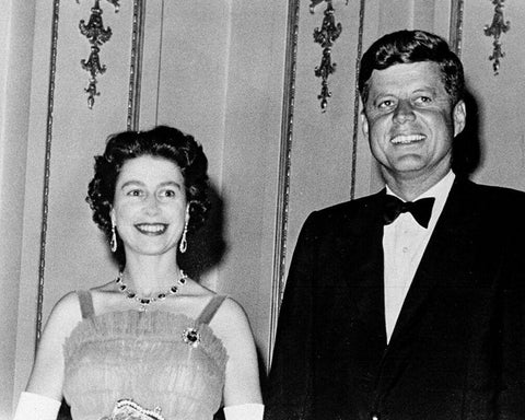 Queen Elizabeth II and President John Kennedy 1961 White Modern Wood Framed Art Print with Double Matting by Vintage Photography