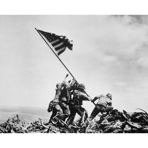 Flag Raising on Iwo Jima 1945 Black Modern Wood Framed Art Print with Double Matting by Vintage Photography