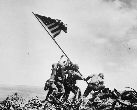 Flag Raising on Iwo Jima 1945 White Modern Wood Framed Art Print with Double Matting by Vintage Photography