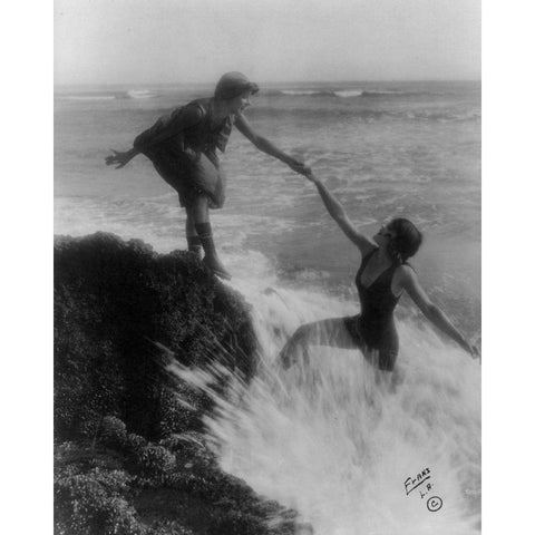 Bathing Beauties at the Seaside White Modern Wood Framed Art Print by Vintage Photography