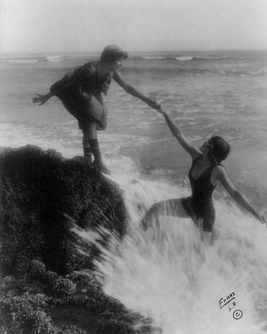 Bathing Beauties at the Seaside Black Ornate Wood Framed Art Print with Double Matting by Vintage Photography