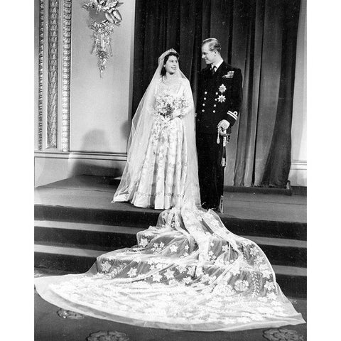 Wedding Picture of Princess Elizabeth and Prince Philip 1947 Gold Ornate Wood Framed Art Print with Double Matting by Vintage Photography