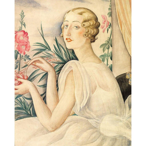 A woman in white sitting by a window White Modern Wood Framed Art Print by Wegener, Gerda