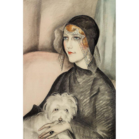 A young woman wearing a black cloche hat White Modern Wood Framed Art Print by Wegener, Gerda