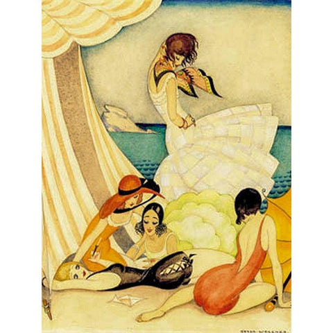 Five women at a beach Black Modern Wood Framed Art Print with Double Matting by Wegener, Gerda