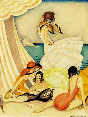 Five women at a beach White Modern Wood Framed Art Print with Double Matting by Wegener, Gerda