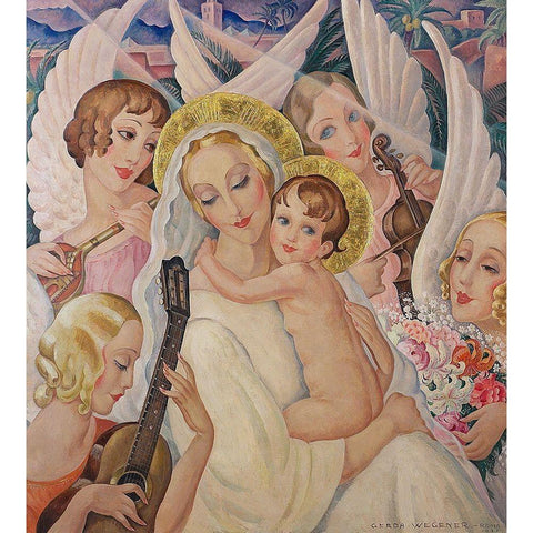 Madonna and child-surrounded by angels with musical instruments Gold Ornate Wood Framed Art Print with Double Matting by Wegener, Gerda