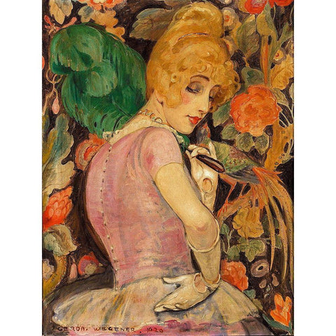 Portrait of Lili Elbe with a green feather fan Gold Ornate Wood Framed Art Print with Double Matting by Wegener, Gerda