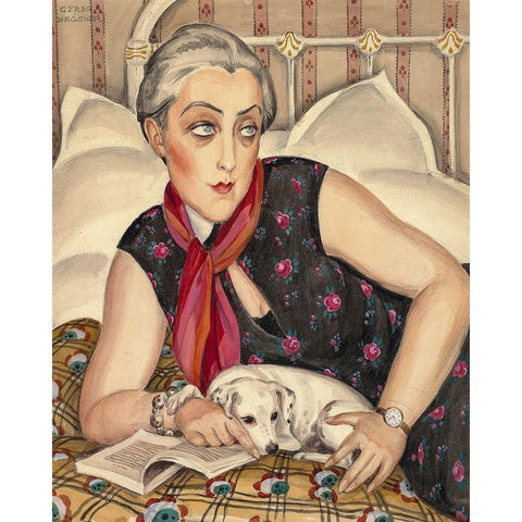 Portrait of reading woman with dog White Modern Wood Framed Art Print by Wegener, Gerda