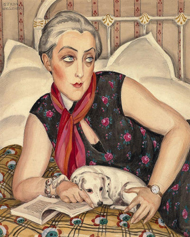 Portrait of reading woman with dog Black Ornate Wood Framed Art Print with Double Matting by Wegener, Gerda