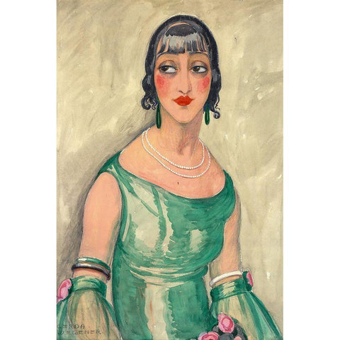 Portrait of woman in green dress and pearls White Modern Wood Framed Art Print by Wegener, Gerda