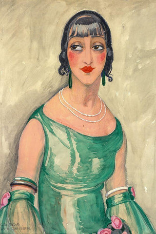 Portrait of woman in green dress and pearls White Modern Wood Framed Art Print with Double Matting by Wegener, Gerda