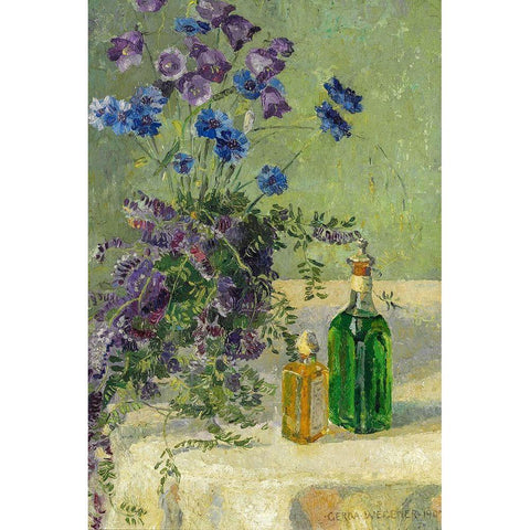 Still life with blue flowers and two bottles on a table Black Modern Wood Framed Art Print with Double Matting by Wegener, Gerda