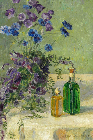 Still life with blue flowers and two bottles on a table White Modern Wood Framed Art Print with Double Matting by Wegener, Gerda