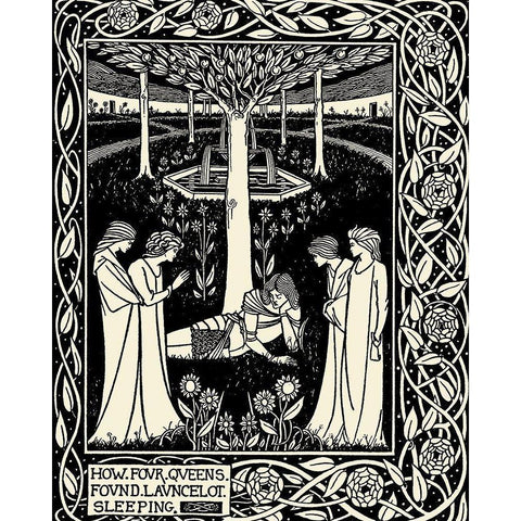 Morte DArthur 1893 - How Four Queens found Lancelot Sleeping Black Modern Wood Framed Art Print with Double Matting by Beardsley, Aubrey