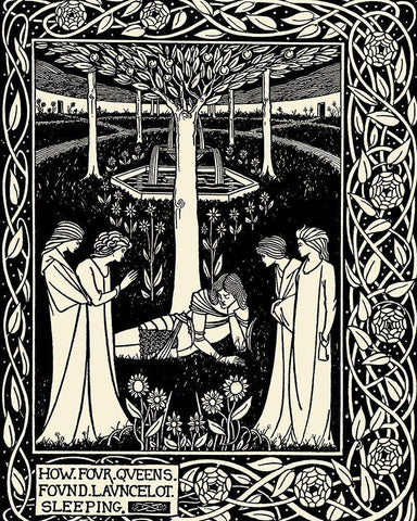 Morte DArthur 1893 - How Four Queens found Lancelot Sleeping White Modern Wood Framed Art Print with Double Matting by Beardsley, Aubrey