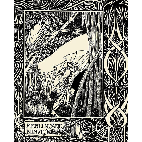 Morte DArthur 1893 - Merlin and Nimue Gold Ornate Wood Framed Art Print with Double Matting by Beardsley, Aubrey