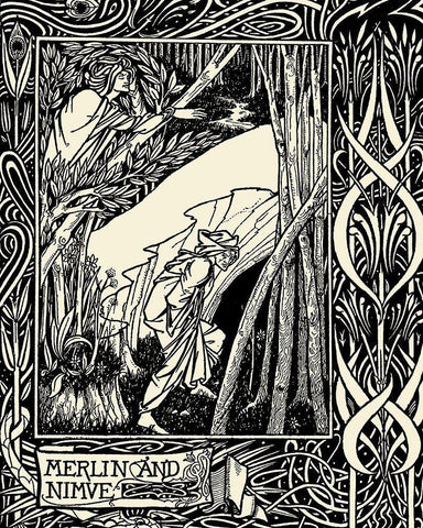 Morte DArthur 1893 - Merlin and Nimue White Modern Wood Framed Art Print with Double Matting by Beardsley, Aubrey