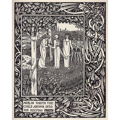 Morte DArthur 1893 - Merlin Taketh White Modern Wood Framed Art Print by Beardsley, Aubrey