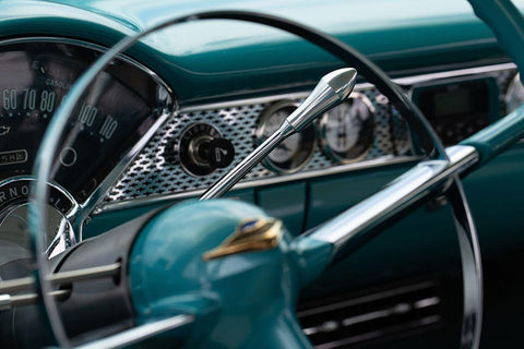 Classic Car Dashboard in Turquoise White Modern Wood Framed Art Print with Double Matting by Vintage Photo Archive